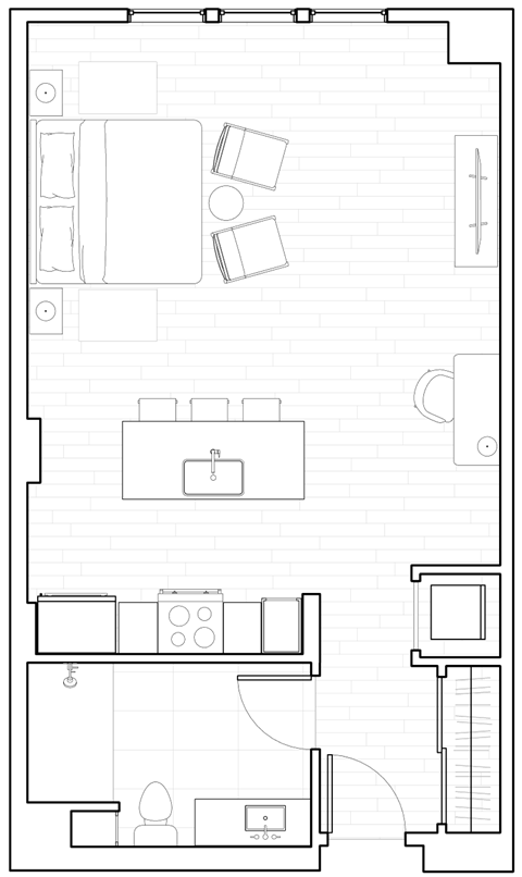 Floor plan for studio, 1 bath, 628 sqft